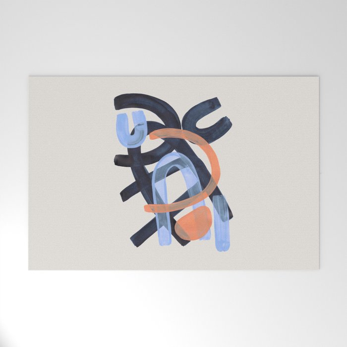 Midcentury Modern Minimalist Funky Cool Tribal Pattern Paynes Grey Pastel Blue Tan Shapes by Ejaaz Haniff Welcome Mat Gallery Image 1