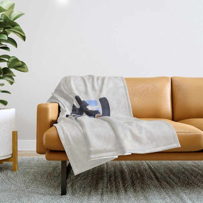 Midcentury Modern Minimalist Funky Cool Tribal Pattern Paynes Grey Pastel Blue Tan Shapes by Ejaaz Haniff Throw Blanket Gallery Image 1
