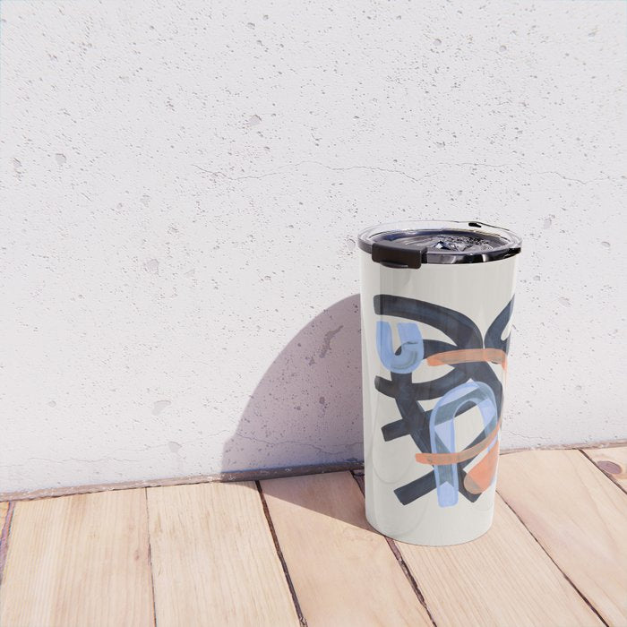 Midcentury Modern Minimalist Funky Cool Tribal Pattern Paynes Grey Pastel Blue Tan Shapes by Ejaaz Haniff Travel Mug Gallery Image 4