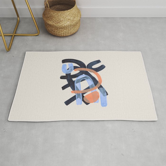 Midcentury Modern Minimalist Funky Cool Tribal Pattern Paynes Grey Pastel Blue Tan Shapes by Ejaaz Haniff Rug Gallery Image 1
