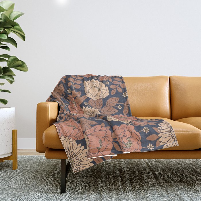 Peach, Dusty Rose, Mauve & Blue-Gray Floral Pattern Throw Blanket Gallery Image 1
