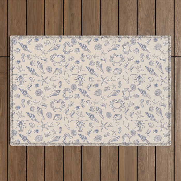Seahorse Ocean Nautical Coastal Serenity Blue Ivory  Outdoor Rug Gallery Image 1
