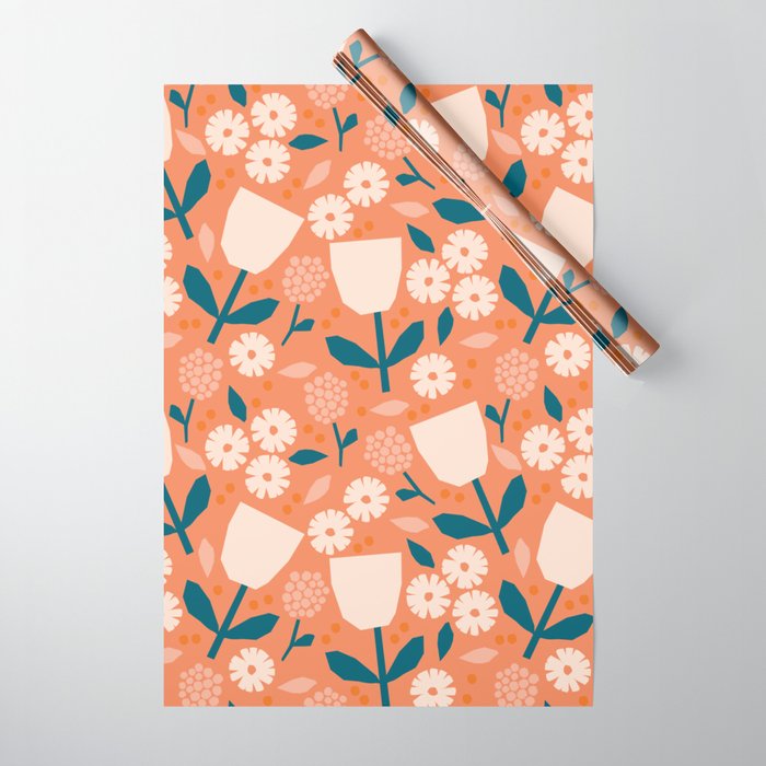 Pink and orange flowers Wrapping Paper Gallery Image 1