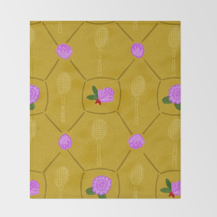 Tennis Rackets & Roses in Ochre & Purple Throw Blanket Gallery Image 2