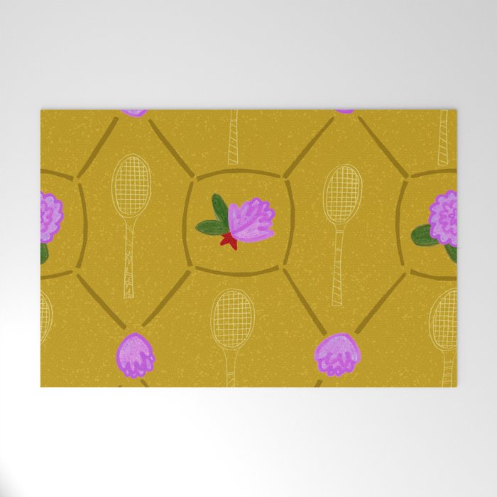 Tennis Rackets & Roses in Ochre & Purple Welcome Mat Gallery Image 1