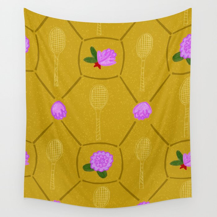 Tennis Rackets & Roses in Ochre & Purple Wall Tapestry Gallery Image 4