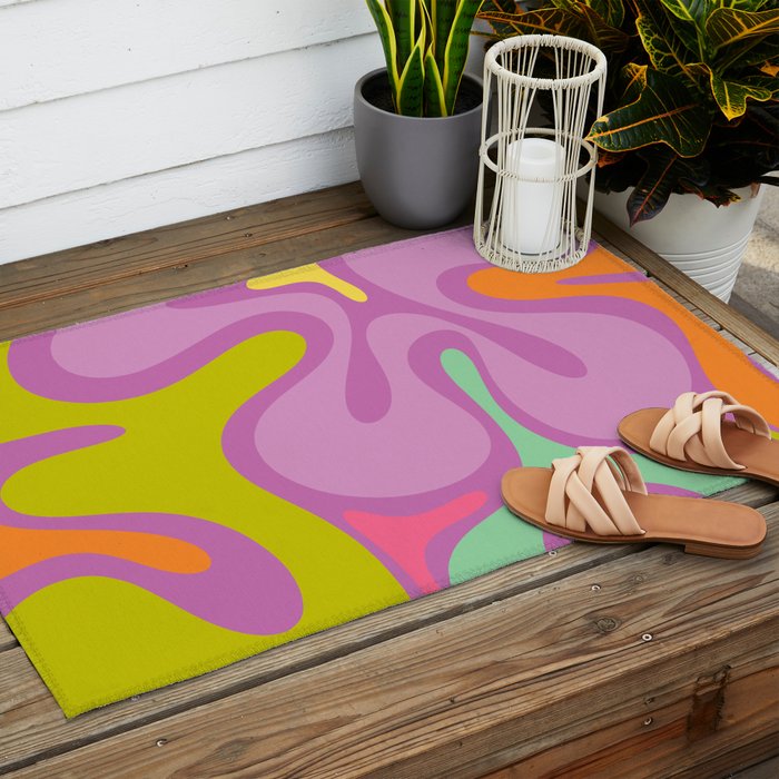 Smooth Contours Retro Modern Abstract Pattern Purple Lilac Lavender Lime Outdoor Rug Gallery Image 2