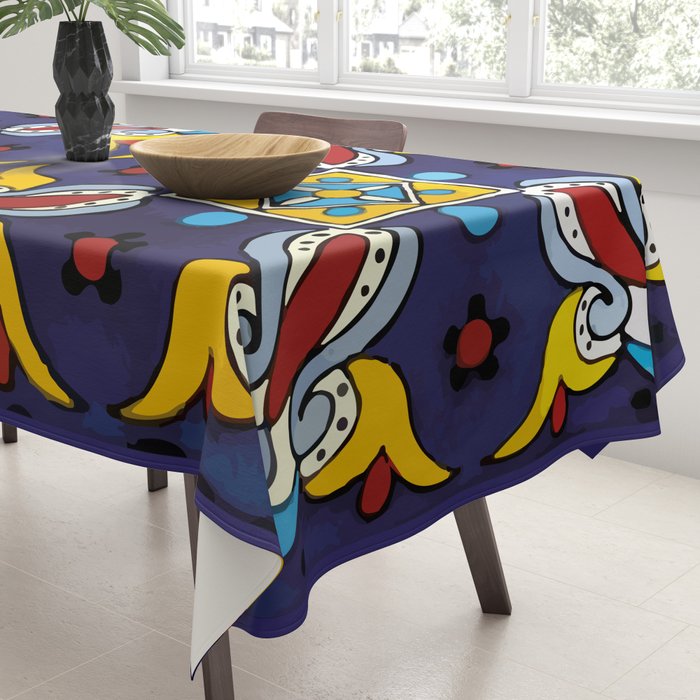 Abstract blue cruz mexican modern talavera tile wall Tablecloth Gallery Image 3
