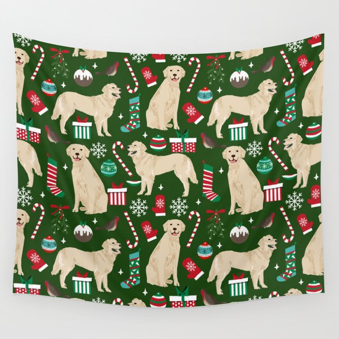 Golden Retriever festive christmas dog illustration pet portrait pet friendly gifts for dog breed Wall Tapestry Gallery Image 1