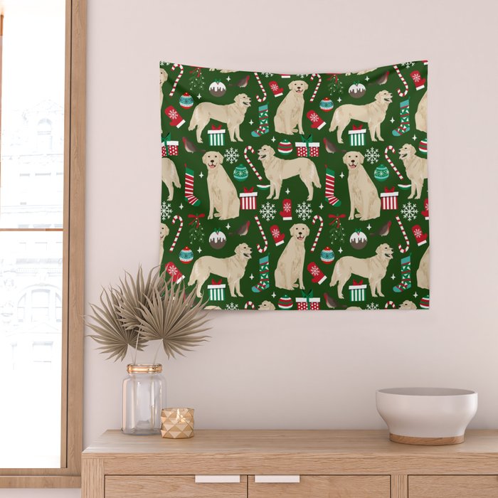 Golden Retriever festive christmas dog illustration pet portrait pet friendly gifts for dog breed Wall Tapestry Gallery Image 2