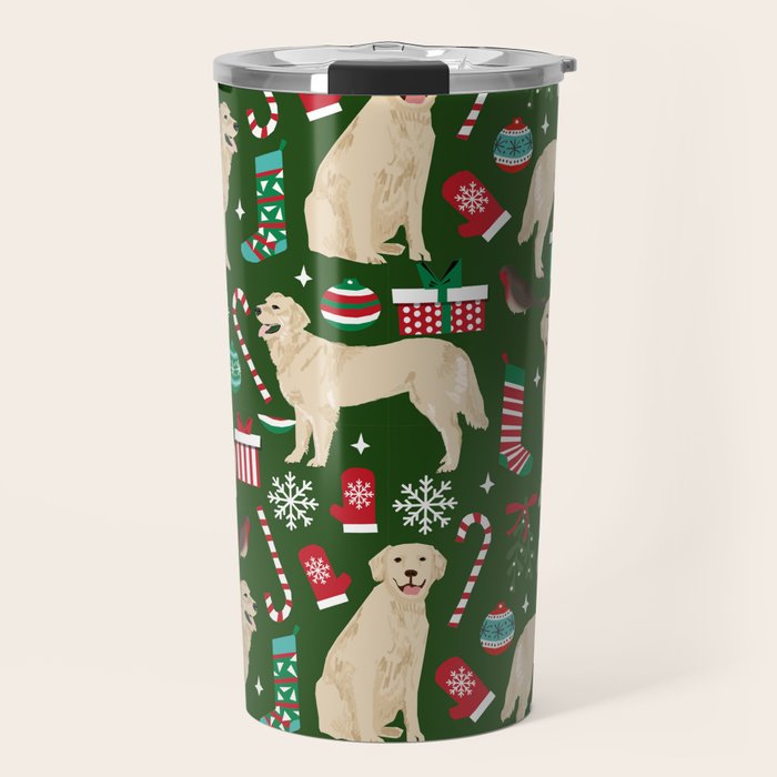 Golden Retriever festive christmas dog illustration pet portrait pet friendly gifts for dog breed Travel Mug Gallery Image 1