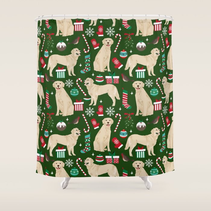 Golden Retriever festive christmas dog illustration pet portrait pet friendly gifts for dog breed Shower Curtain Gallery Image 1