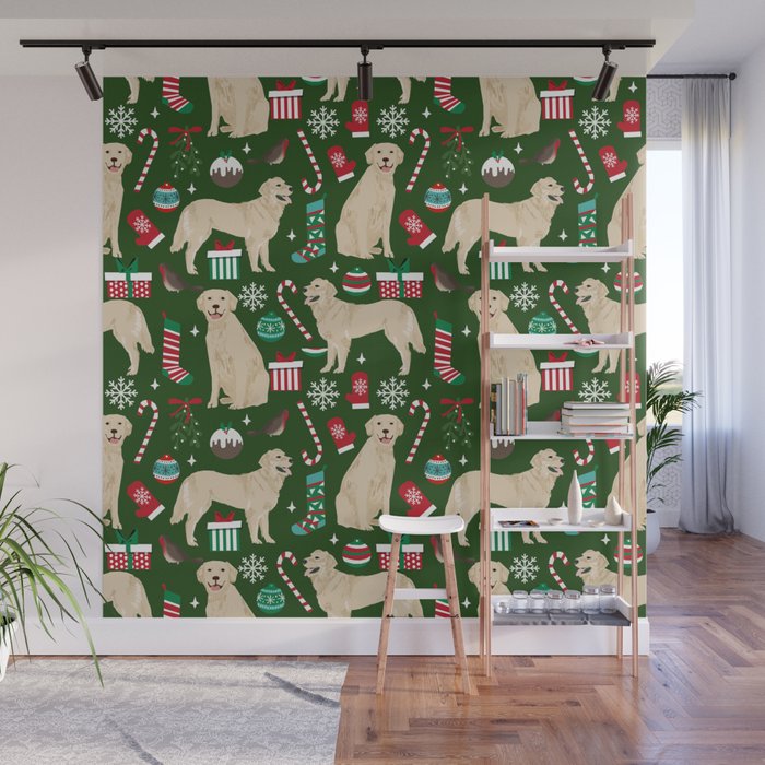 Golden Retriever festive christmas dog illustration pet portrait pet friendly gifts for dog breed Wall Mural Gallery Image 1