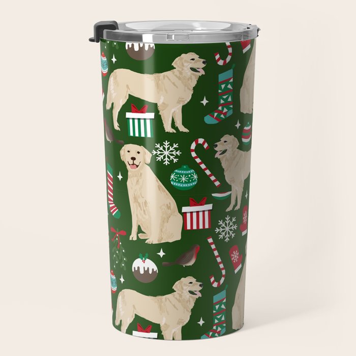 Golden Retriever festive christmas dog illustration pet portrait pet friendly gifts for dog breed Travel Mug Gallery Image 3