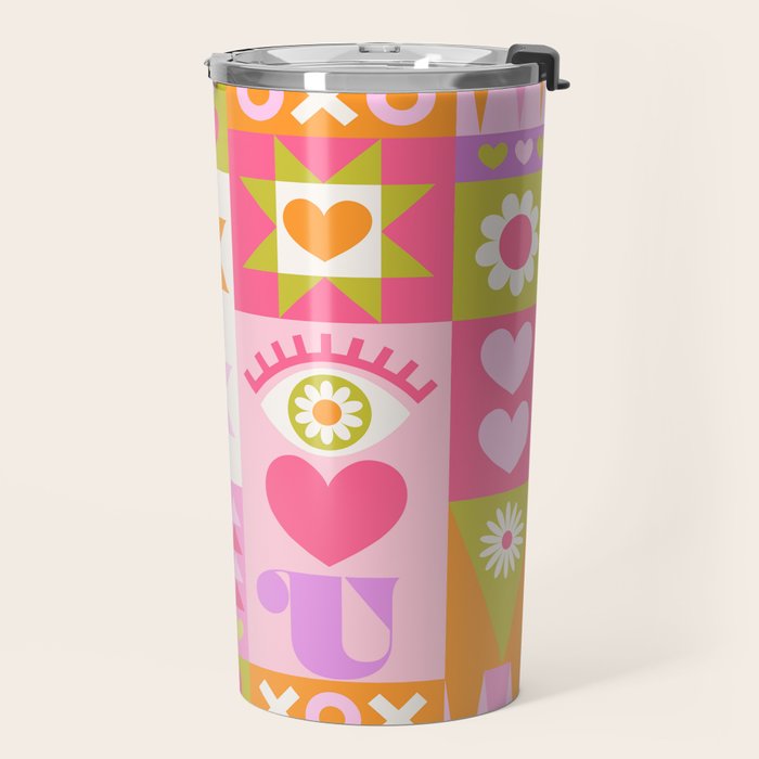 I Love You Checkerboard - Pink & Orange Travel Mug Gallery Image 2