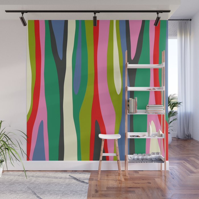 Wild Stripes Modern Multicolor Abstract Pattern Blue Pink Red Green Wall Mural Gallery Image 1