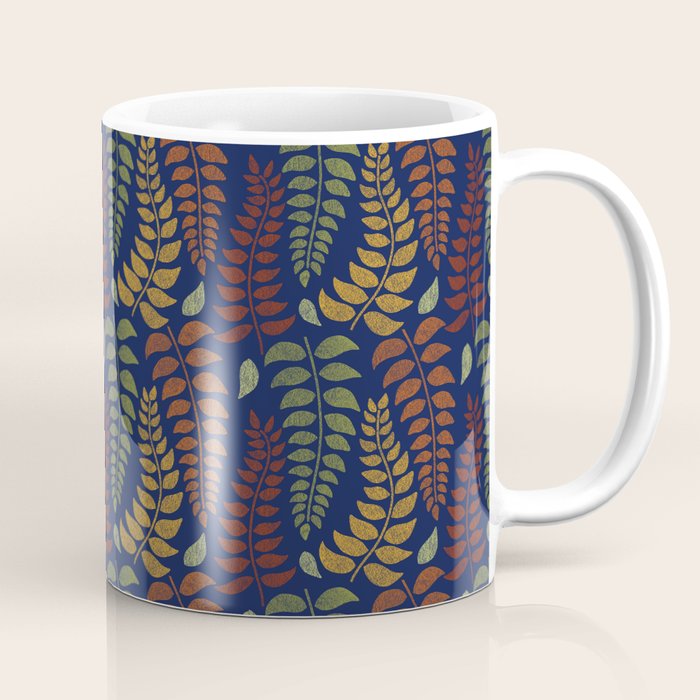 Leaf Fronds in Fall Colors on Navy Blue Coffee Mug