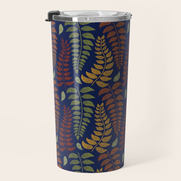 Leaf Fronds in Fall Colors on Navy Blue Travel Mug Gallery Image 3
