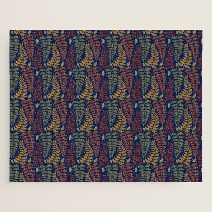 Leaf Fronds in Fall Colors on Navy Blue Jigsaw Puzzle