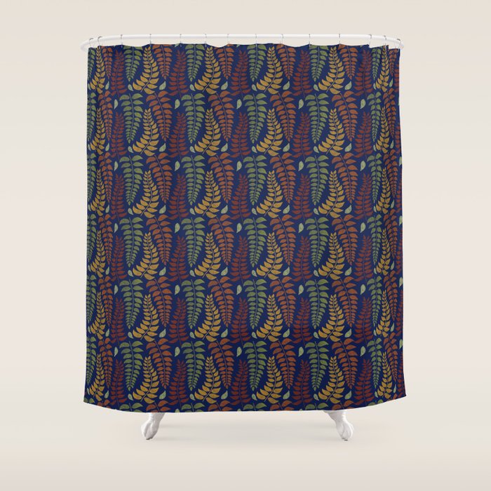 Leaf Fronds in Fall Colors on Navy Blue Shower Curtain Gallery Image 1