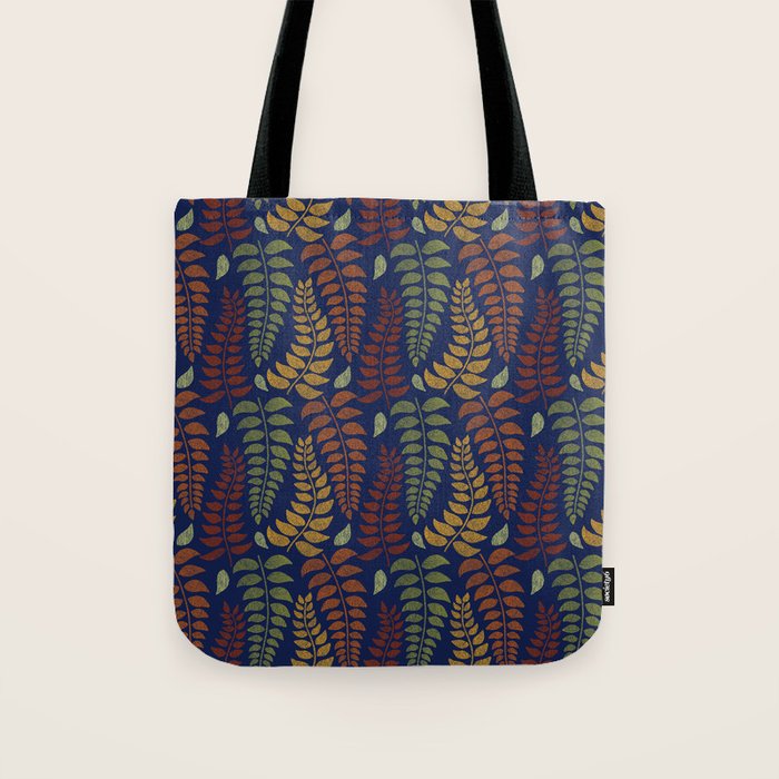 Leaf Fronds in Fall Colors on Navy Blue Tote Bag Gallery Image 1