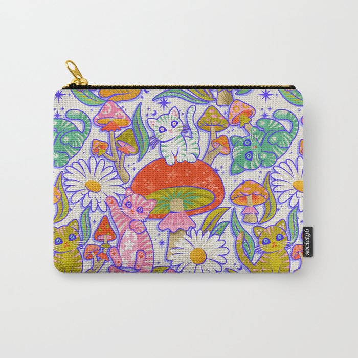 Kittens & Shrooms - Rainbow & Indigo on White Carry All Pouch Gallery Image 1