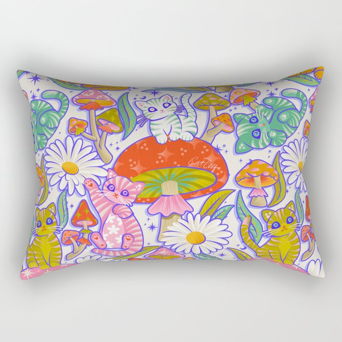 Kittens & Shrooms - Rainbow & Indigo on White Rectangular Pillow Gallery Image 2