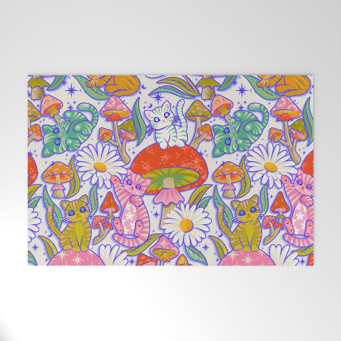 Kittens & Shrooms - Rainbow & Indigo on White Welcome Mat Gallery Image 1