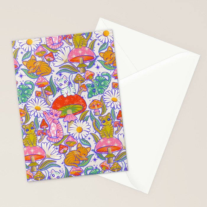 Kittens & Shrooms - Rainbow & Indigo on White Stationery Card Gallery Image 2