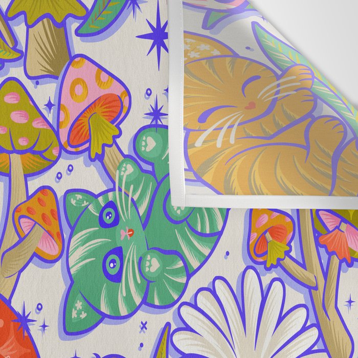 Kittens & Shrooms - Rainbow & Indigo on White Wall Tapestry Gallery Image 3