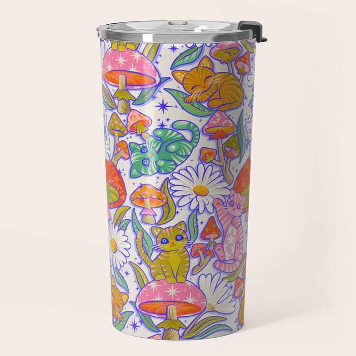 Kittens & Shrooms - Rainbow & Indigo on White Travel Mug Gallery Image 2