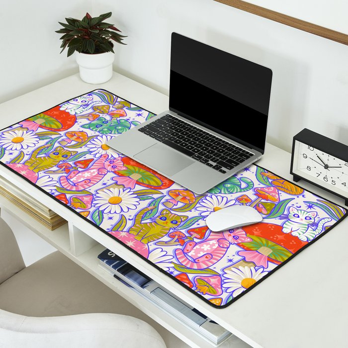Kittens & Shrooms - Rainbow & Indigo on White Desk Mat Gallery Image 2