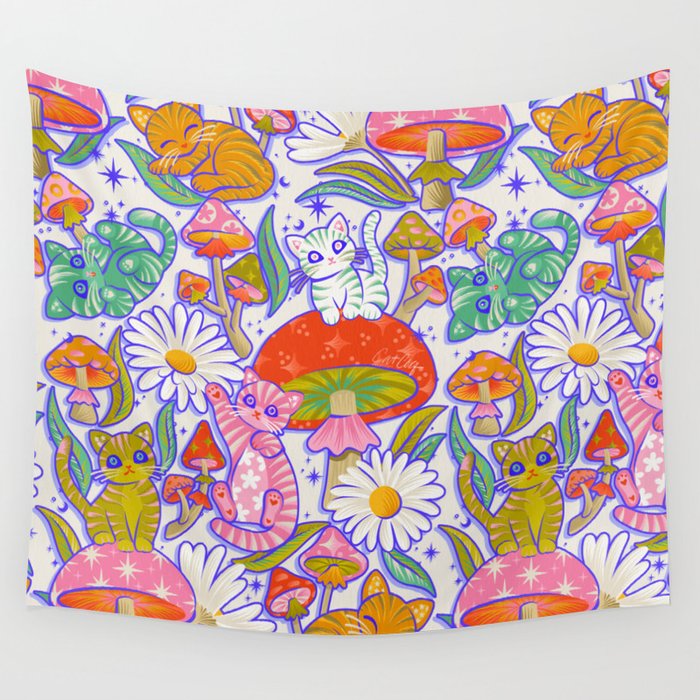 Kittens & Shrooms - Rainbow & Indigo on White Wall Tapestry Gallery Image 4