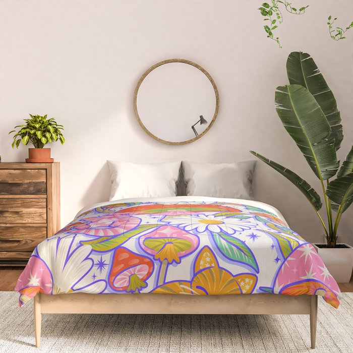 Kittens & Shrooms - Rainbow & Indigo on White Comforter Gallery Image 3