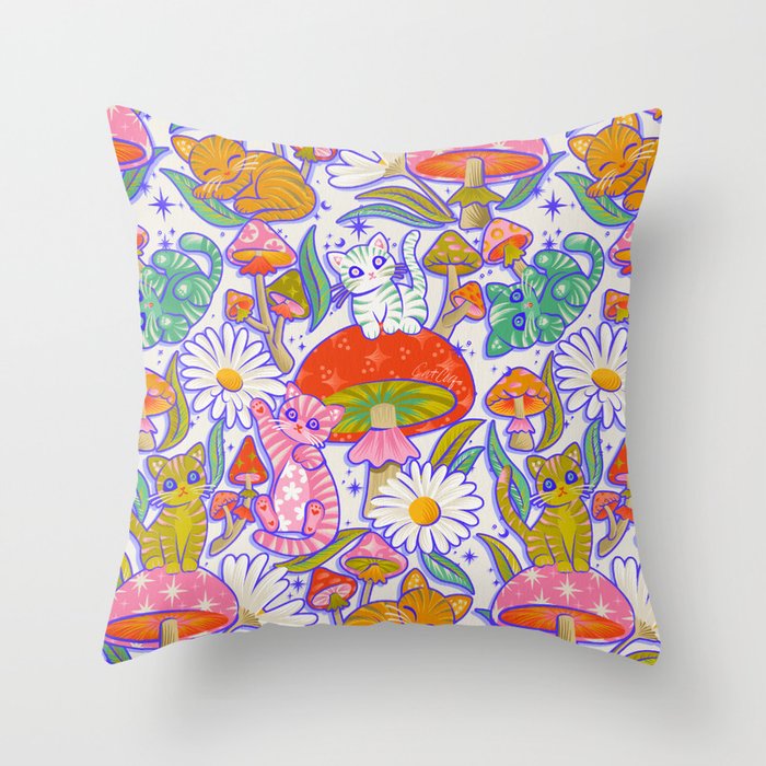 Kittens & Shrooms - Rainbow & Indigo on White Throw Pillow Gallery Image 6