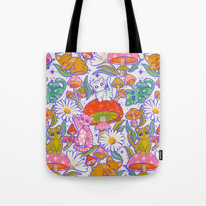 Kittens & Shrooms - Rainbow & Indigo on White Tote Bag Gallery Image 1