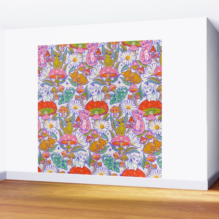 Kittens & Shrooms - Rainbow & Indigo on White Wall Mural Gallery Image 2