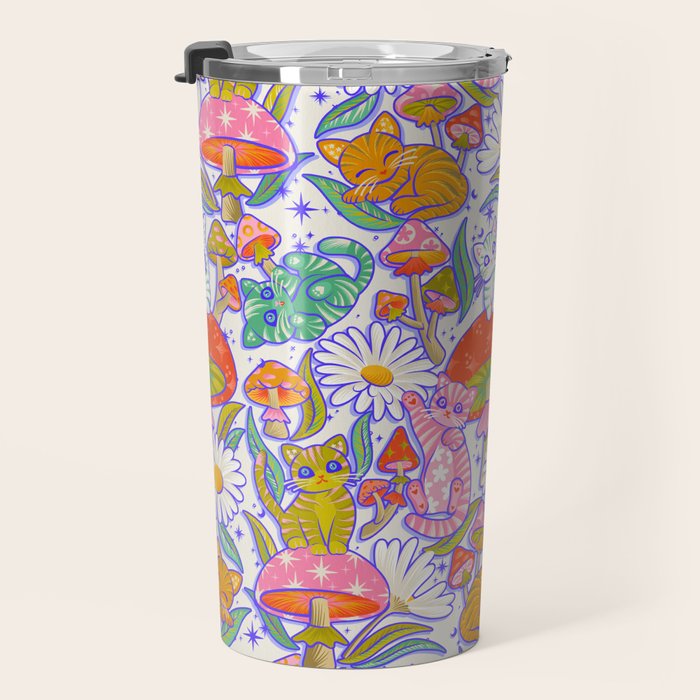 Kittens & Shrooms - Rainbow & Indigo on White Travel Mug Gallery Image 3