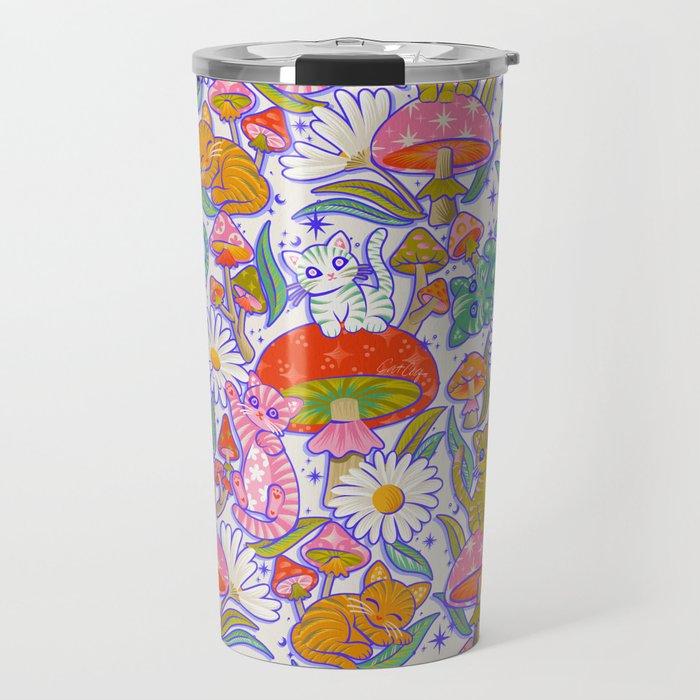 Kittens & Shrooms - Rainbow & Indigo on White Travel Mug Gallery Image 1