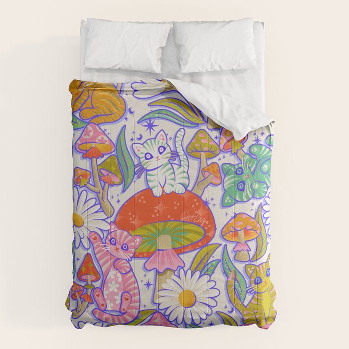 Kittens & Shrooms - Rainbow & Indigo on White Comforter Gallery Image 6