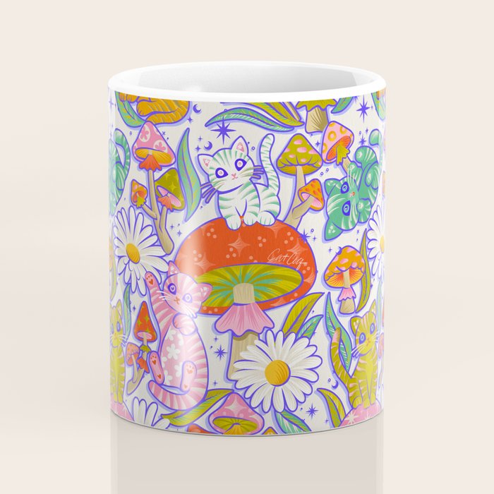 Kittens & Shrooms - Rainbow & Indigo on White Coffee Mug Gallery Image 4