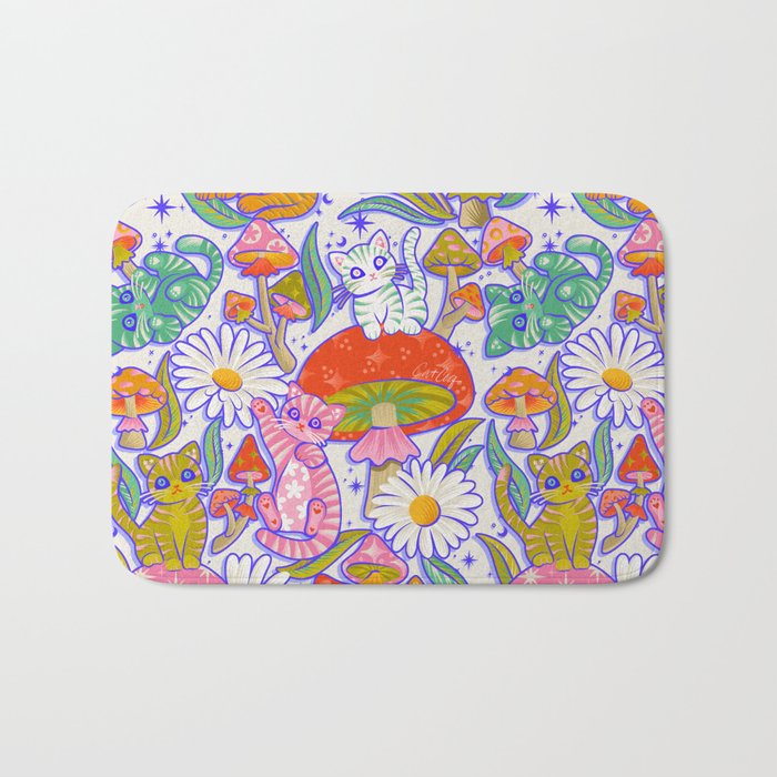 Kittens & Shrooms - Rainbow & Indigo on White Bath Mat Gallery Image 1