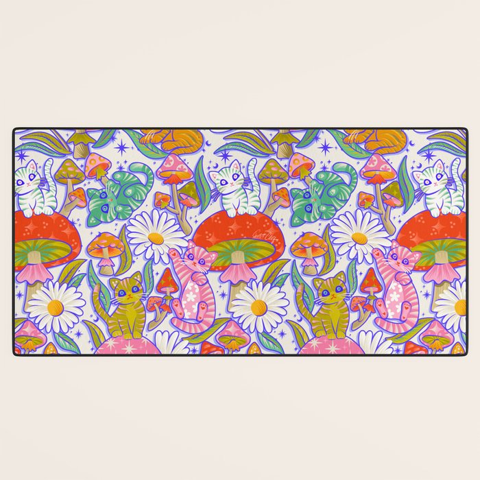 Kittens & Shrooms - Rainbow & Indigo on White Desk Mat Gallery Image 3
