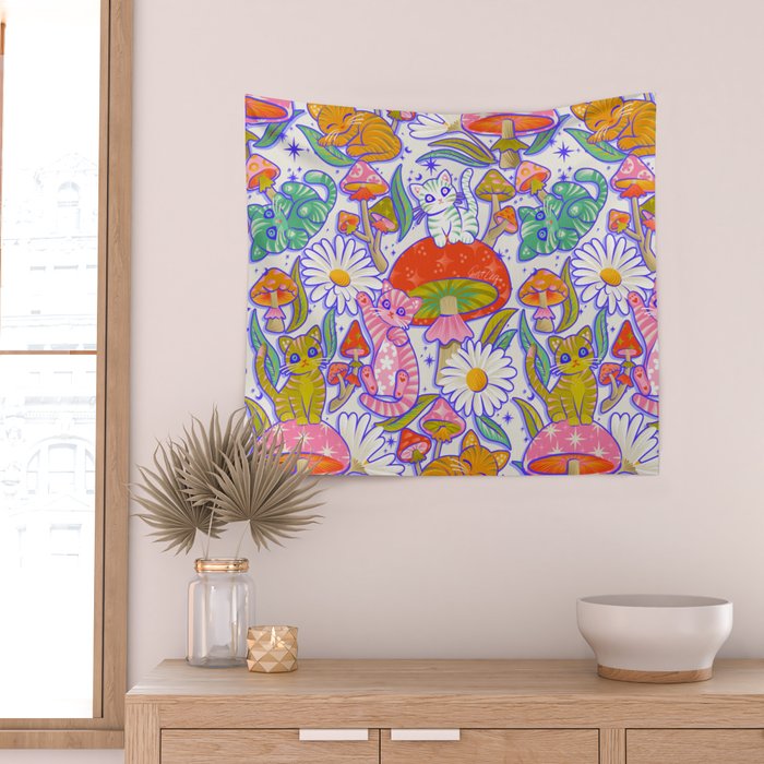 Kittens & Shrooms - Rainbow & Indigo on White Wall Tapestry Gallery Image 2