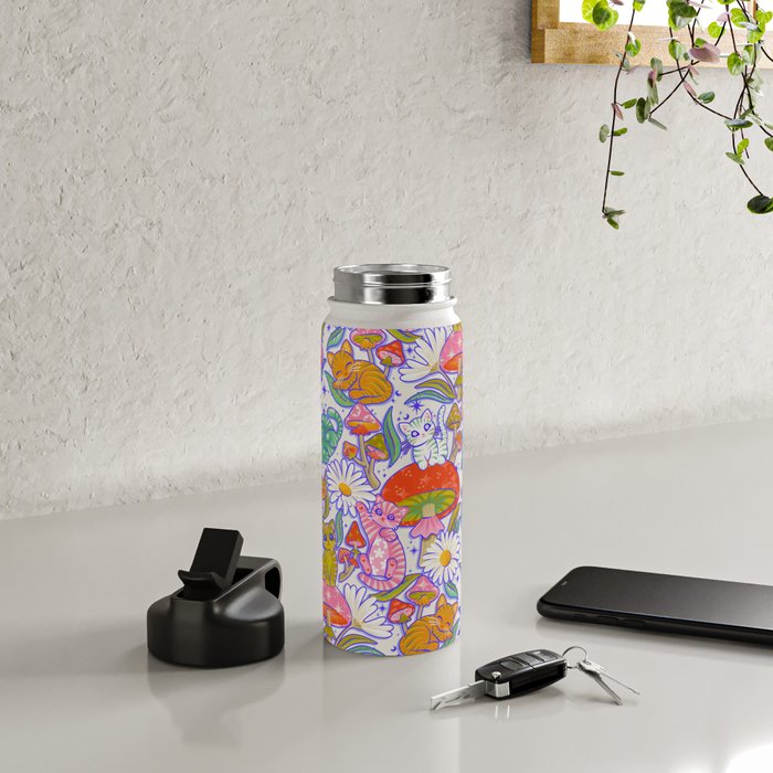 Kittens & Shrooms - Rainbow & Indigo on White Water Bottle Gallery Image 4