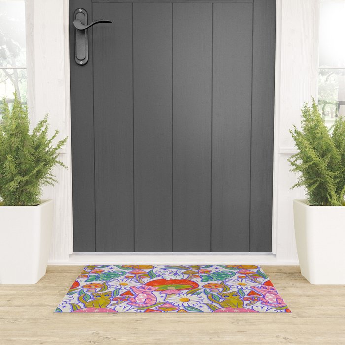 Kittens & Shrooms - Rainbow & Indigo on White Welcome Mat Gallery Image 3