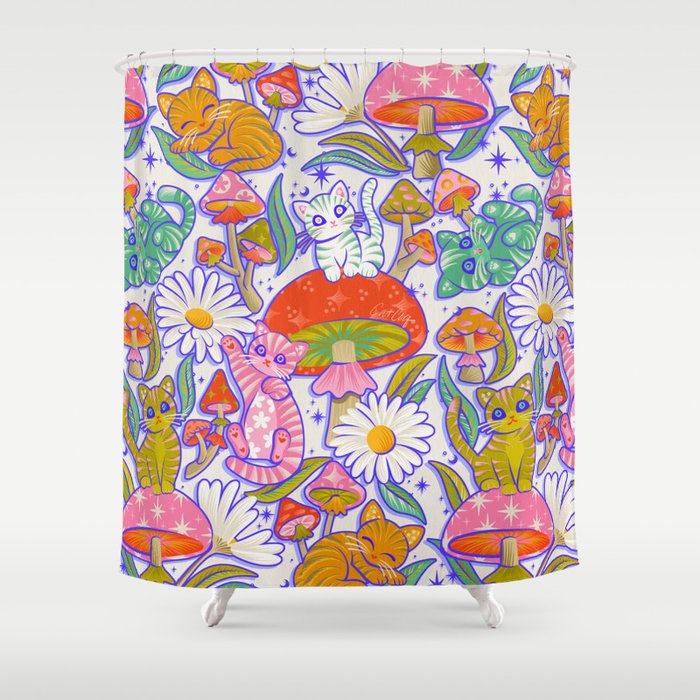 Kittens & Shrooms - Rainbow & Indigo on White Shower Curtain Gallery Image 1