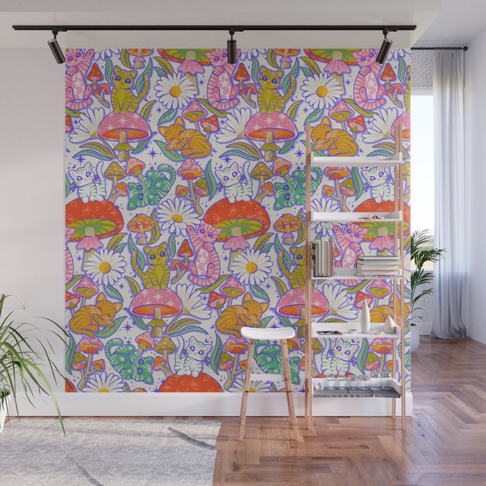 Kittens & Shrooms - Rainbow & Indigo on White Wall Mural Gallery Image 1