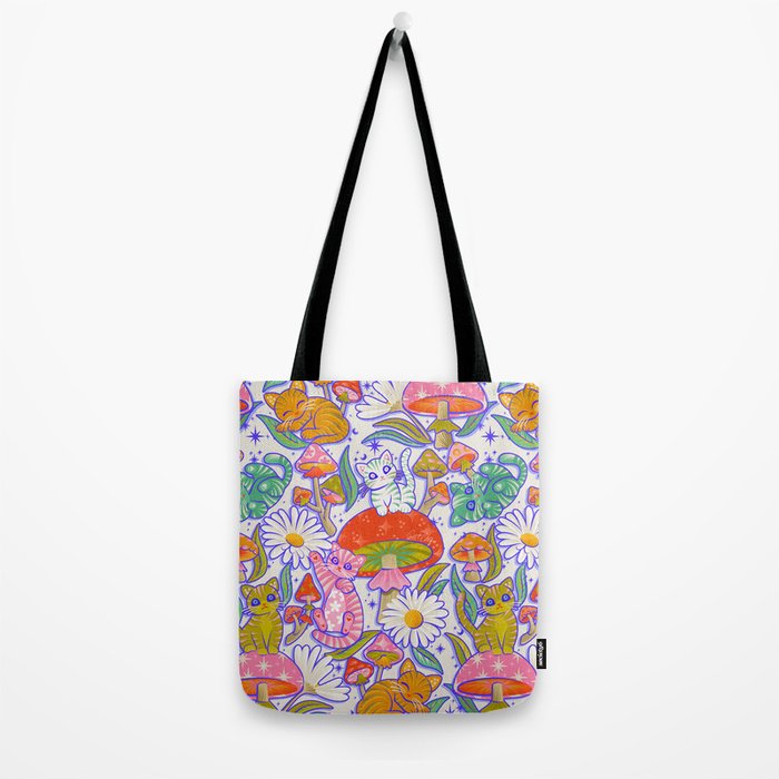 Kittens & Shrooms - Rainbow & Indigo on White Tote Bag Gallery Image 2
