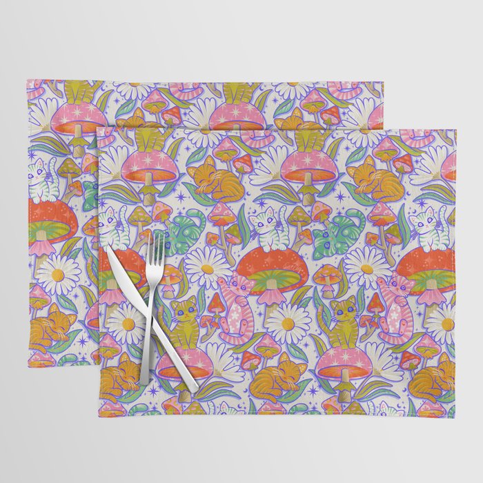 Kittens & Shrooms - Rainbow & Indigo on White Placemat Gallery Image 1